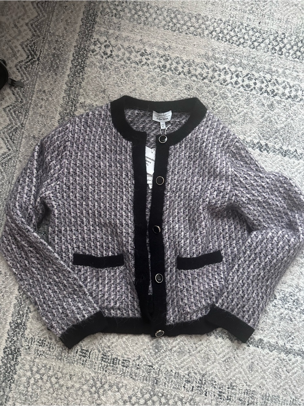 Lavender Houndstooth Knit Cardigan with Black Trim